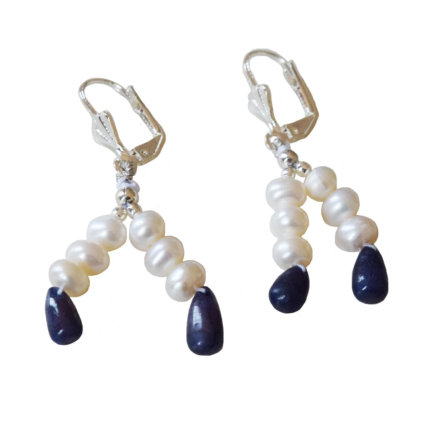 2 Line Silver Plated Metal Freshwater Pearl Sapphire Hanging Earring for Women