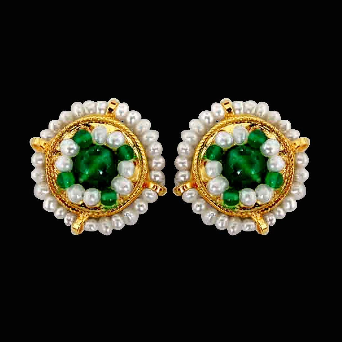 Glowing Green  Freshwater Pearl, Green Onyx & Gold Plated Kuda Earrings (SE39)