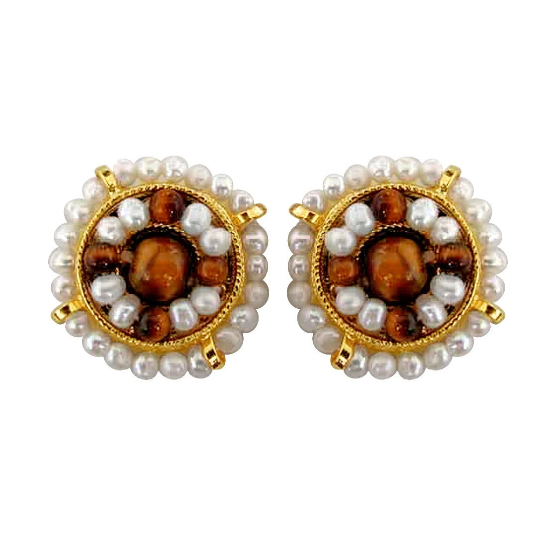 Freshwater Pearl, Tiger Eye & Gold Plated Kuda Jodi Earrings for Women (SE43)