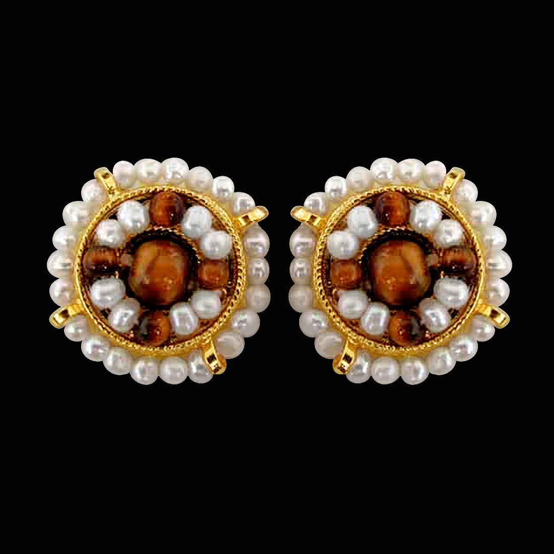 Freshwater Pearl, Tiger Eye & Gold Plated Kuda Jodi Earrings for Women (SE43)