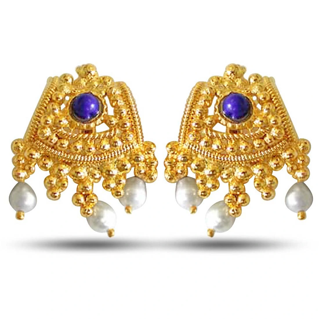 Classic Ethnic Freshwater Pearl, Blue Lapiz & Gold Plated Earrings (SE51A)