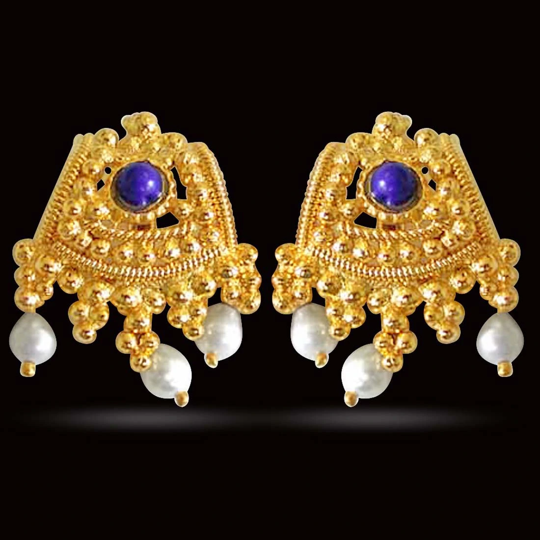 Classic Ethnic - Temple Design Freshwater Pearl, Blue Lapiz & Gold Plated Earrings for Women (SE51A)