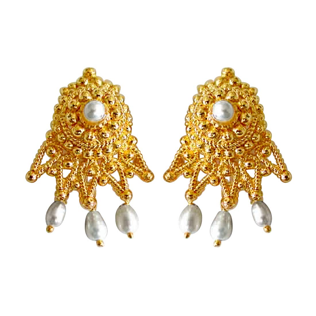 Cute Cupid - Dangling Rice Pearl & Gold Plated Drop Shaped Earrings (SE56)
