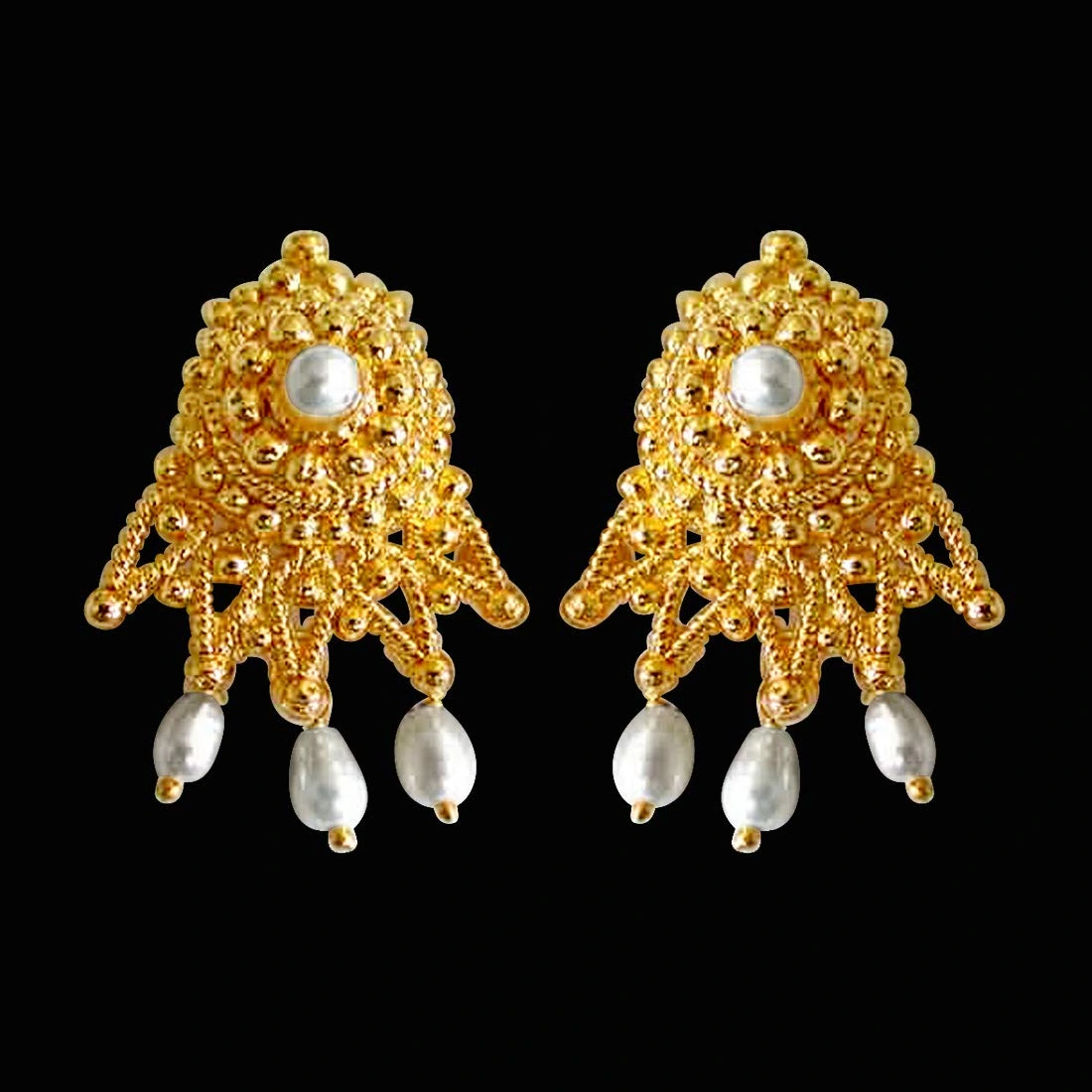 Cute Cupid - Dangling Rice Pearl & Gold Plated Drop Shaped Earrings (SE56)