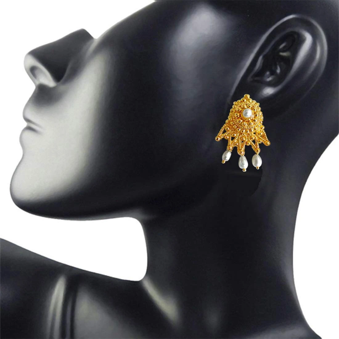 Cute Cupid - Dangling Rice Pearl & Gold Plated Drop Shaped Earrings (SE56)
