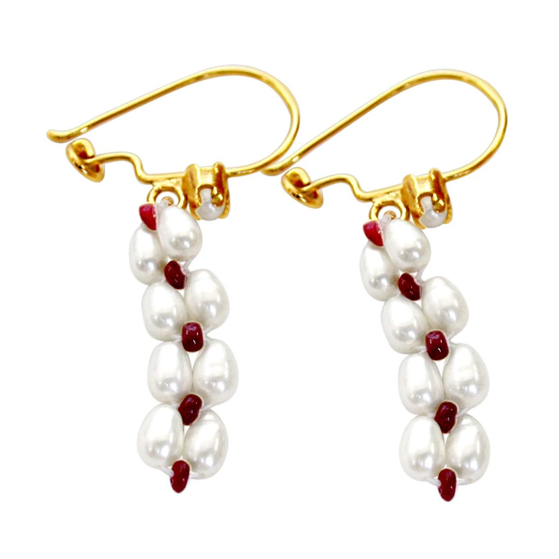 Pearl Ruby Ecstasy - Real Rice Pearl & Red Ruby Beads Hanging Earrings for Women (SE70)