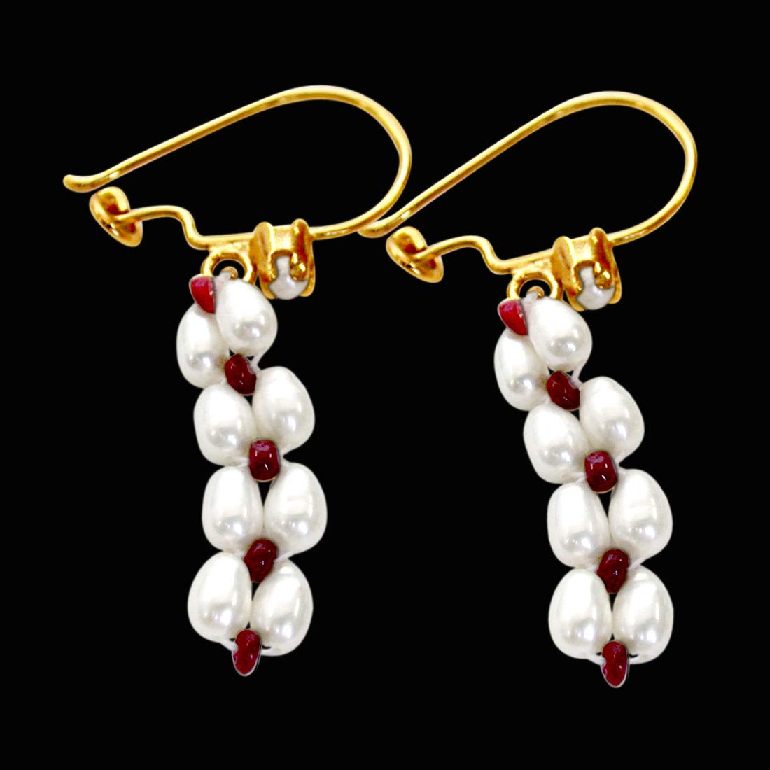 Pearl Ruby Ecstasy - Real Rice Pearl & Red Ruby Beads Hanging Earrings for Women (SE70)