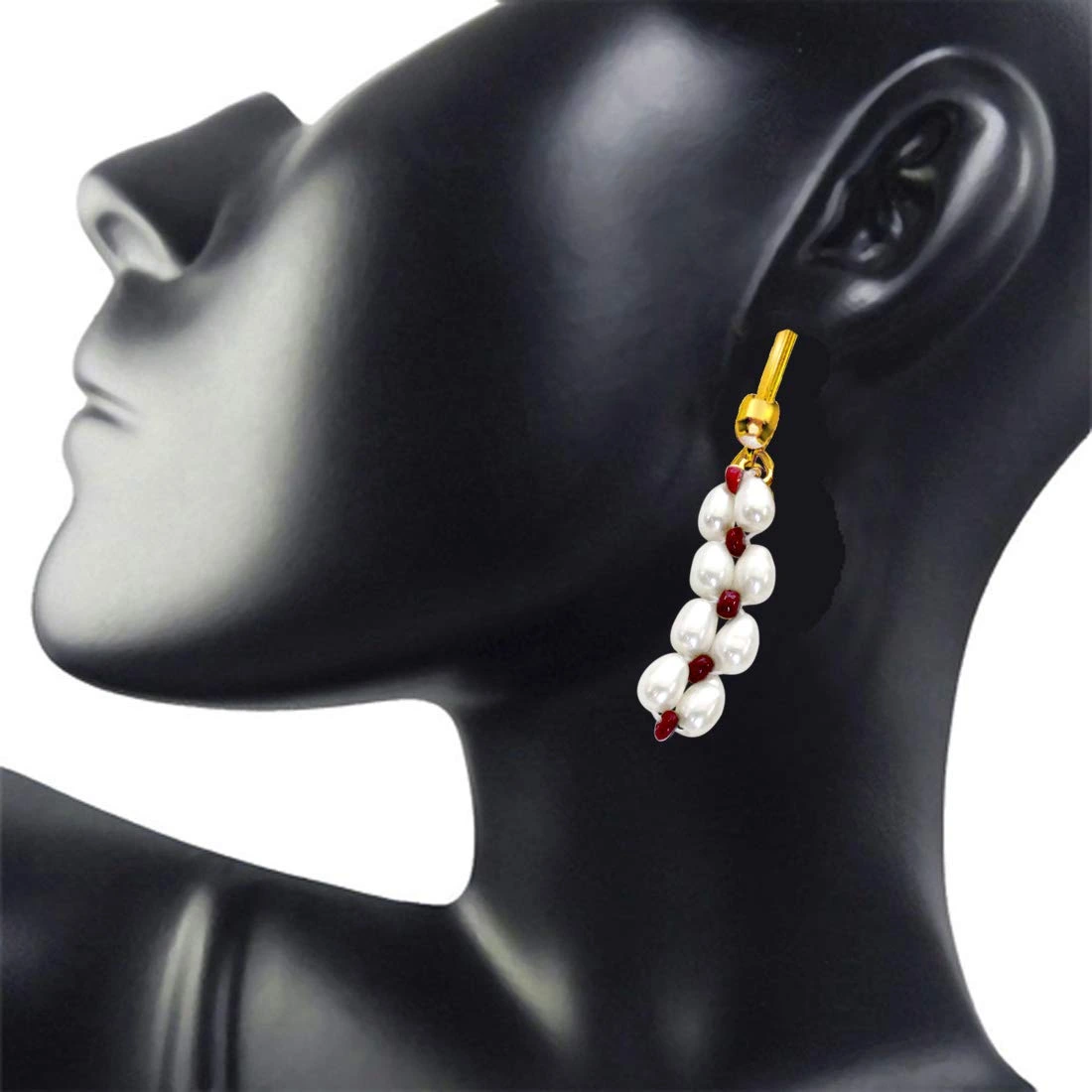 Pearl Ruby Ecstasy - Real Rice Pearl & Red Ruby Beads Hanging Earrings for Women (SE70)