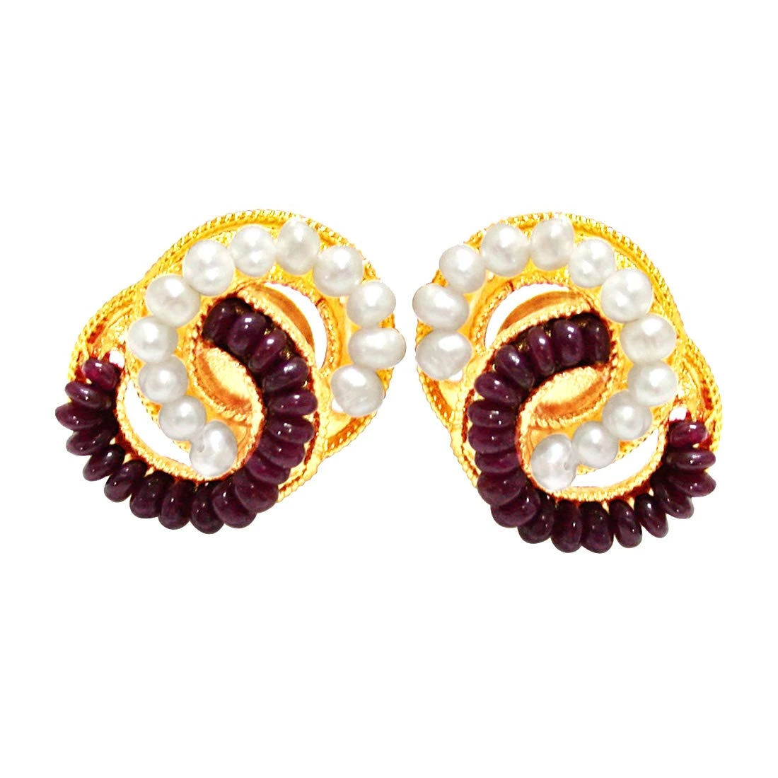 Luminous Surprise - Real Ruby Beads, Freshwater Pearls & Gold Plated Interlocked Earrings for Women (SE76)