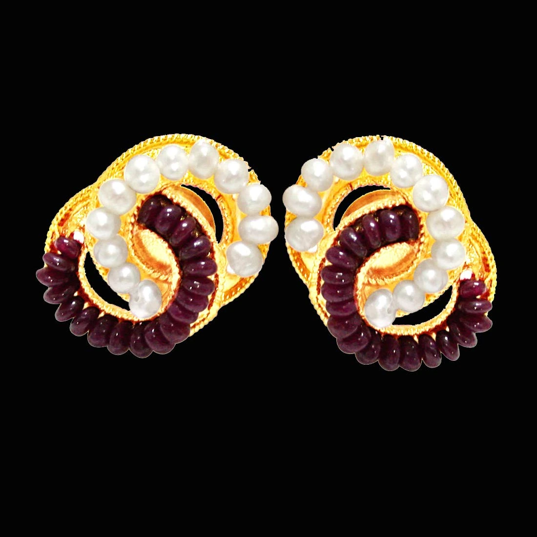 Luminous Surprise - Real Ruby Beads, Freshwater Pearls & Gold Plated Interlocked Earrings for Women (SE76)