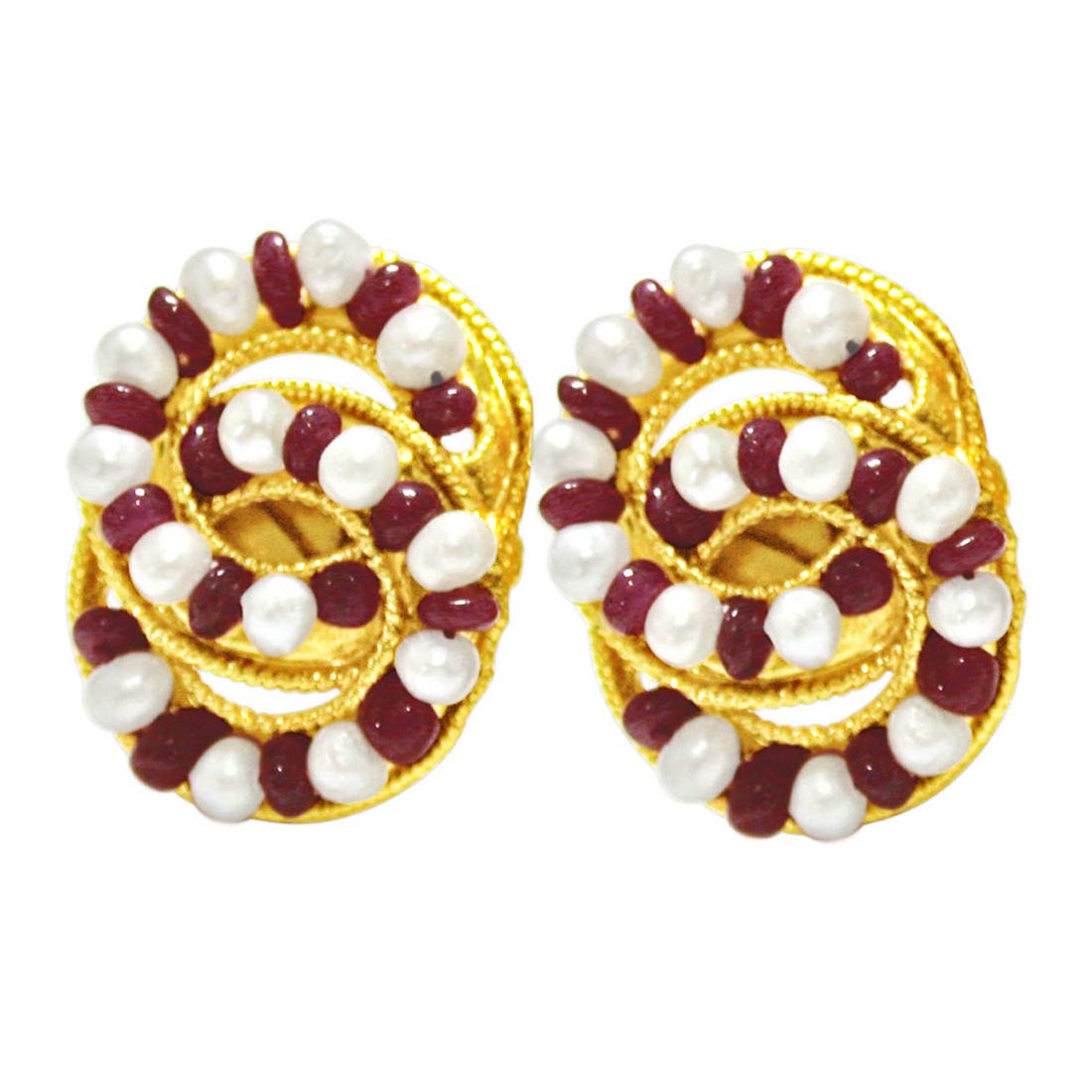 Stylish Sensation - Real Red Ruby Beads, Freshwater Pearls & Gold Plated Earrings for Women (SE77)