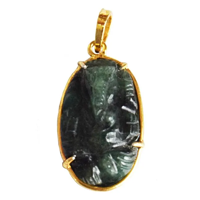 17.1 cts Lord Ganesh God Ganpati Real Natural Emerald Sterling Silver Gold Plated Pendant (SGP107)