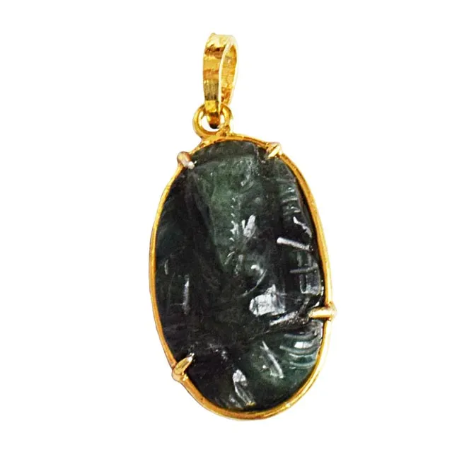 17.1 cts Lord Ganesh God Ganpati Real Natural Emerald Sterling Silver Gold Plated Pendant (SGP107)