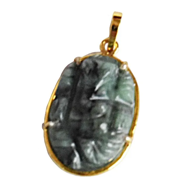 17.49 cts Lord Ganesh God Ganpati Real Natural Emerald Sterling Silver Gold Plated Pendant (SGP109)