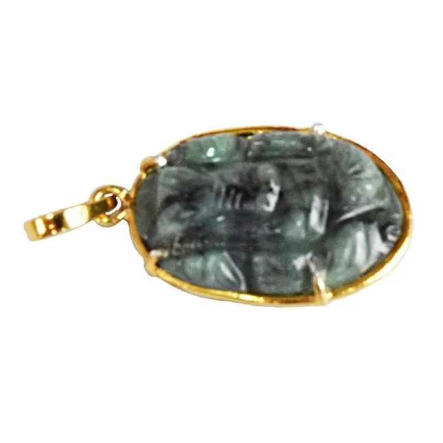 17.49 cts Lord Ganesh God Ganpati Real Natural Emerald Sterling Silver Gold Plated Pendant (SGP109)