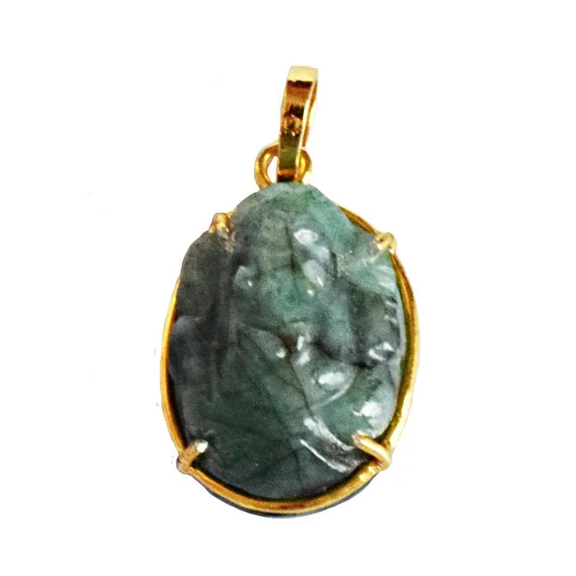20.47 cts Lord Ganesh God Ganpati Real Natural Emerald Sterling Silver Gold Plated Pendant (SGP110)