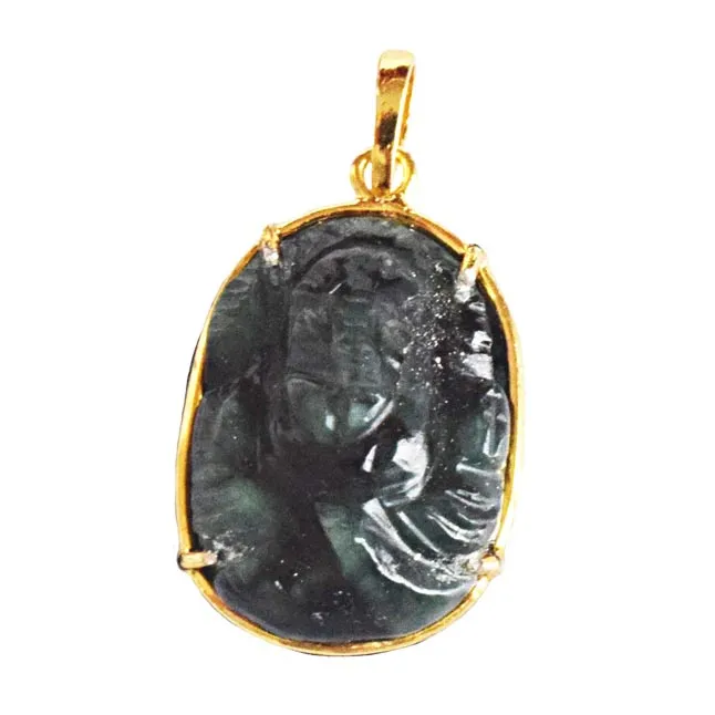30.51 cts Lord Ganesh God Ganpati Real Natural Emerald Sterling Silver Gold Plated Pendant (SGP111)