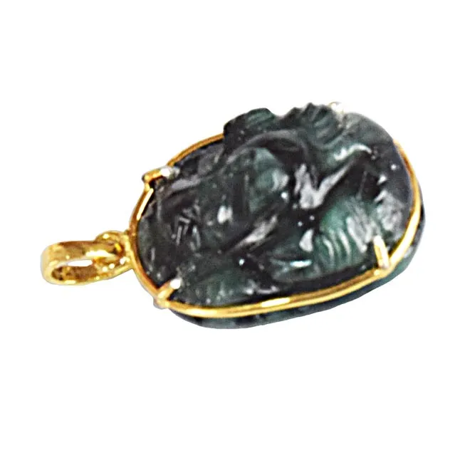 30.51 cts Lord Ganesh God Ganpati Real Natural Emerald Sterling Silver Gold Plated Pendant (SGP111)