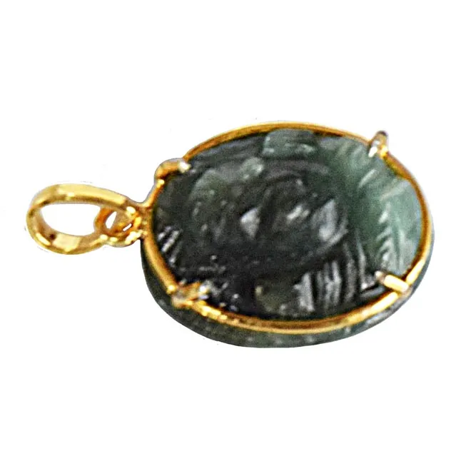 17.39 cts Lord Ganesh God Ganpati Real Natural Emerald Sterling Silver Gold Plated Pendant (SGP112)