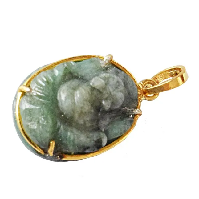 18.9 cts Lord Ganesh God Ganpati Real Natural Emerald Sterling Silver Gold Plated Pendant (SGP113)