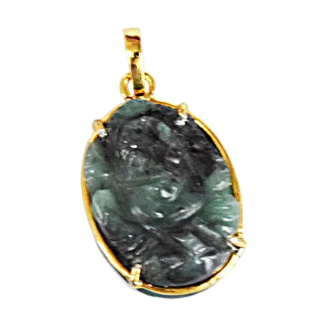 17.04 cts Lord Ganesh God Ganpati Real Natural Emerald Sterling Silver Gold Plated Pendant (SGP116)