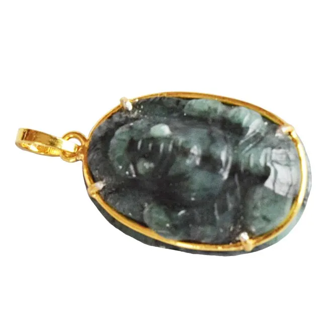 30.02 cts Lord Ganesh God Ganpati Real Natural Emerald Sterling Silver Gold Plated Pendant (SGP118)