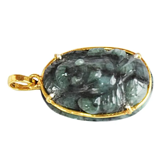 30.02 cts Lord Ganesh God Ganpati Real Natural Emerald Sterling Silver Gold Plated Pendant (SGP118)