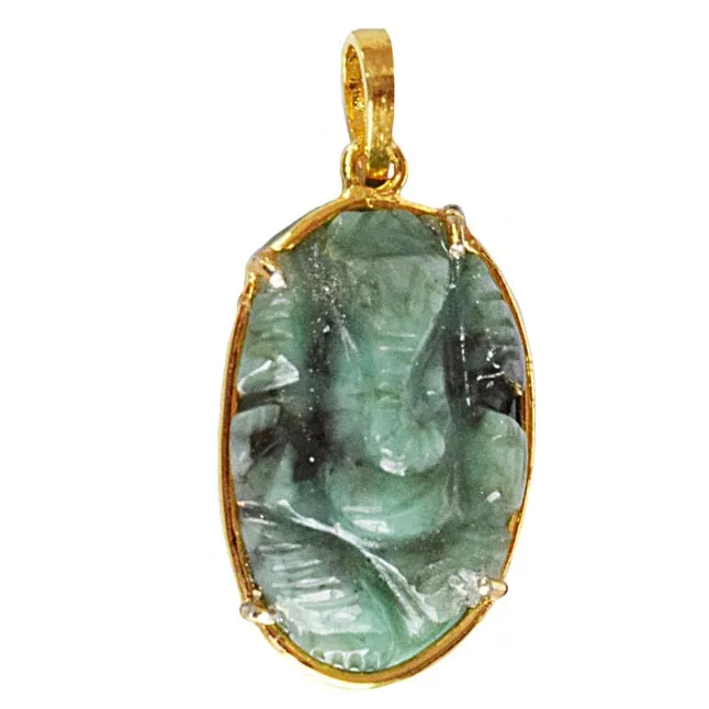 18.78 cts Lord Ganesh God Ganpati Real Natural Emerald Sterling Silver Gold Plated Pendant (SGP119)