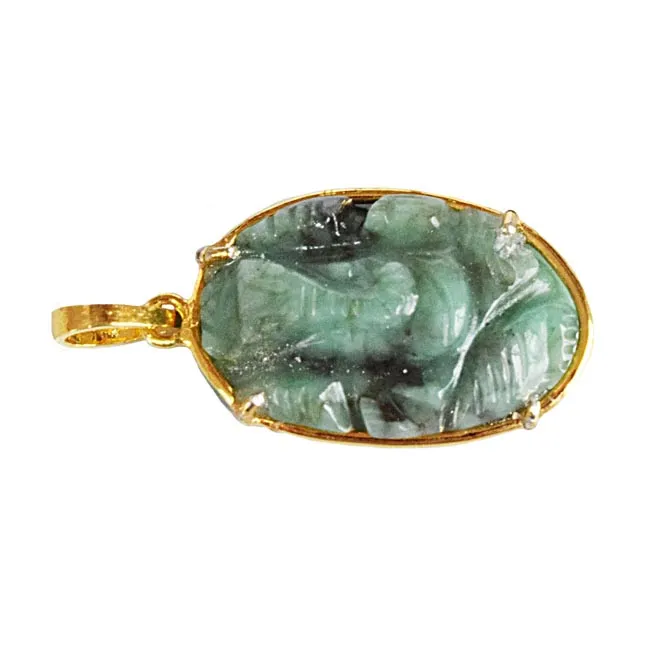 18.78 cts Lord Ganesh God Ganpati Real Natural Emerald Sterling Silver Gold Plated Pendant (SGP119)