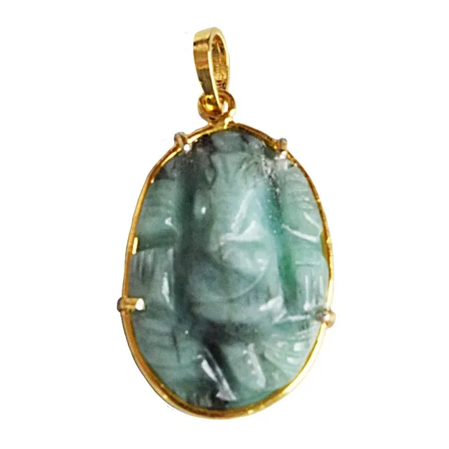18.58 cts Lord Ganesh God Ganpati Real Natural Emerald Sterling Silver Gold Plated Pendant (SGP121)