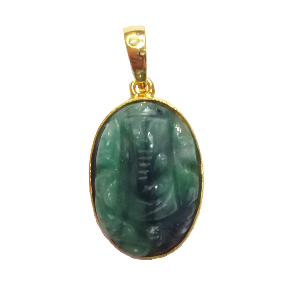 18.8 cts Lord Ganesh God Ganpati Real Natural Emerald Sterling Silver Gold Plated Pendant (SGP128)