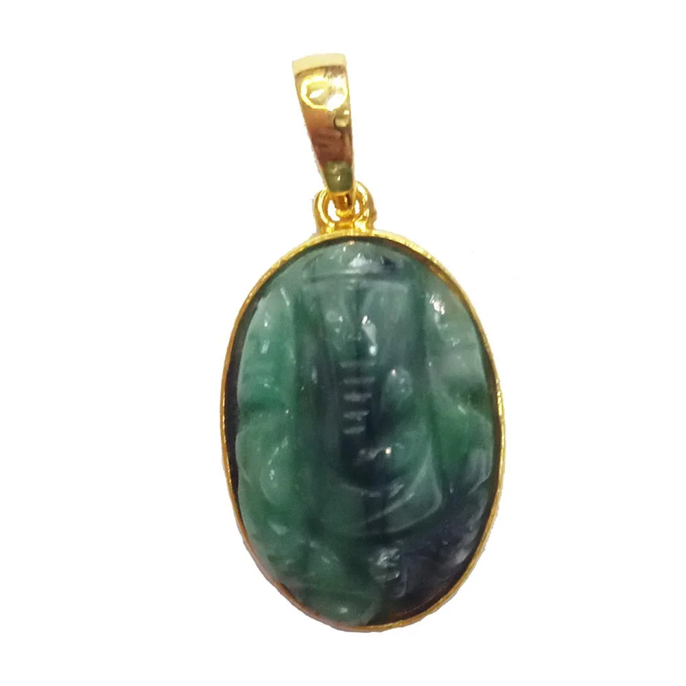 18.28 cts Lord Ganesh God Ganpati Real Natural Emerald Sterling Silver Gold Plated Pendant (SGP129)