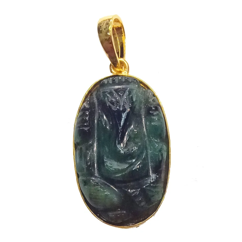19.17 cts Lord Ganesh God Ganpati Real Natural Emerald Sterling Silver Gold Plated Pendant (SGP132)
