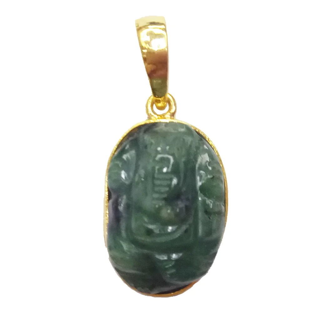 11.99 cts Lord Ganesh God Ganpati Real Natural Emerald Sterling Silver Gold Plated Pendant (SGP137)