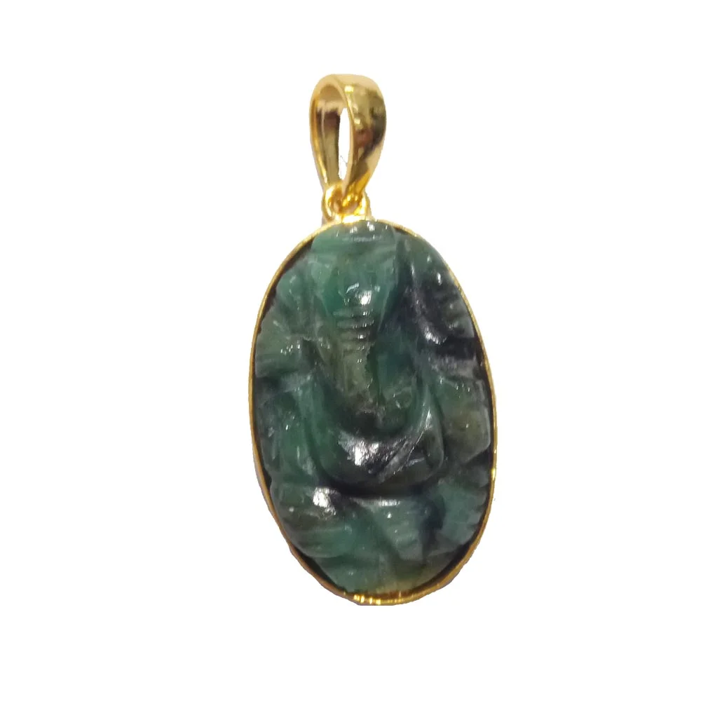 22.55 cts Lord Ganesh God Ganpati Real Natural Emerald Sterling Silver Gold Plated Pendant (SGP138)