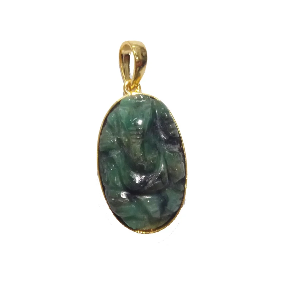 22.55 cts Lord Ganesh God Ganpati Real Natural Emerald Sterling Silver Gold Plated Pendant (SGP138)