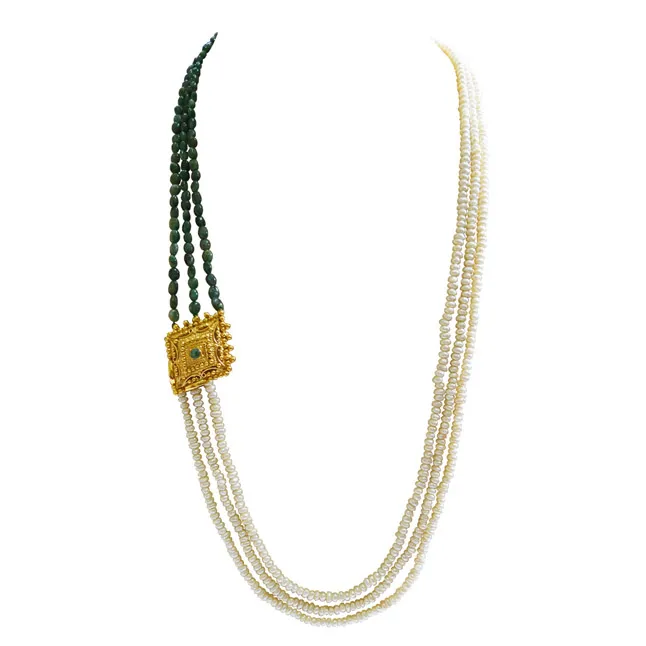 3 Line Real Emerald, Freshwater Pearl &  Gold Plated Pendant Maharani Necklace (SN974)