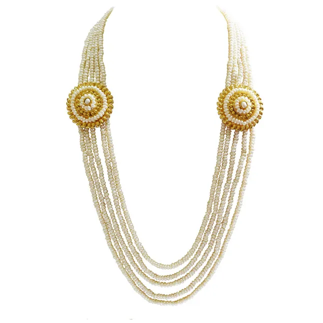 5 Line Real Freshwater Pearl & 2 Gold Plated Pendant Maharani Necklace for Women (SN975)