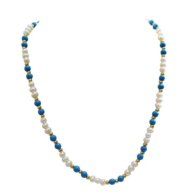 Single Line Real Freshwater Pearl, Turquoise Beads & Gold Plated Beads Necklace (SN984)