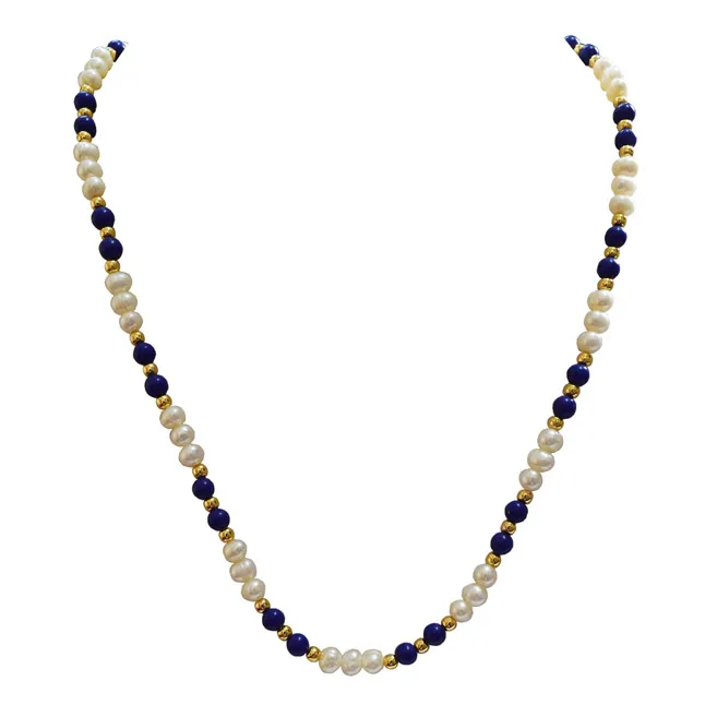 Single Line Real Freshwater Pearl, Blue Lapiz Beads & Gold Plated Beads Necklace (SN985)