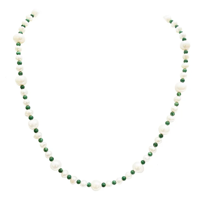 Pearl Diva - Single line Real Freshwater & Rice Pearl & Round Green Malachite Beads Necklace (SN265)