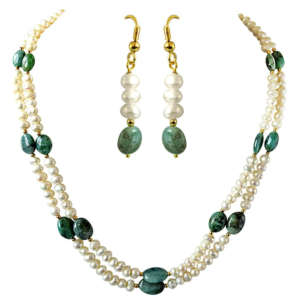 Real Oval Green Emerald & Freshwater Pearl 2 Line Necklace & Hanging Earring Set for Women (SN682)