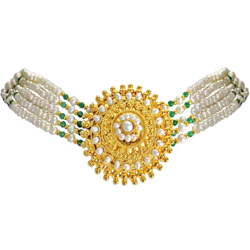 Joyance - Round Gold Plated Pendant, Real Freshwater Pearl & Green Onyx Beads Necklace for Women (SN10)