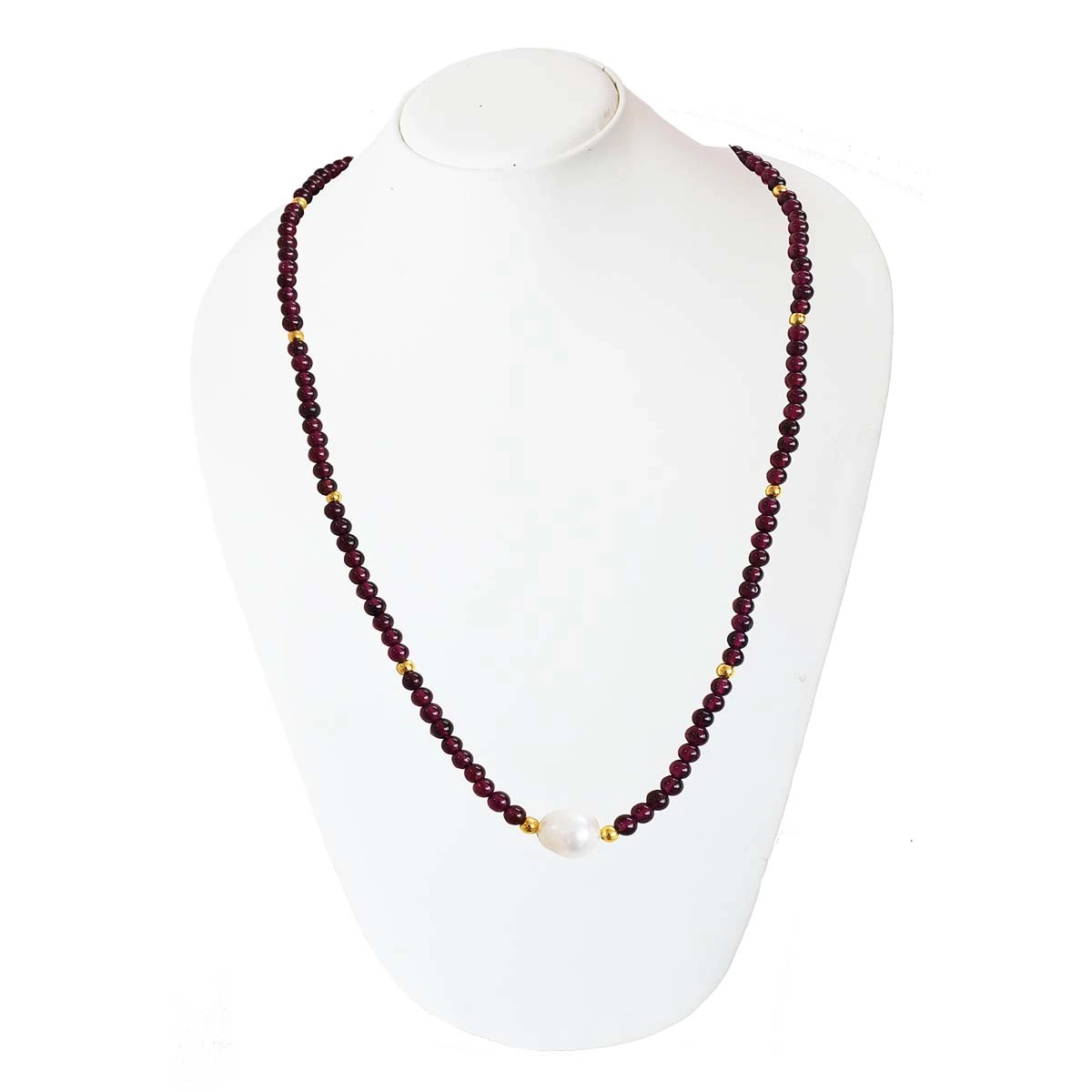 Single Line Garnet Necklace with Pearl Centre and Gold Beads (SN1000)