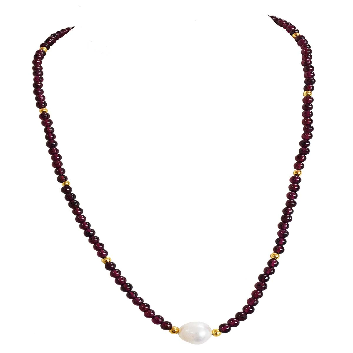 Single Line Garnet Necklace with Pearl Centre and Gold Beads (SN1000)