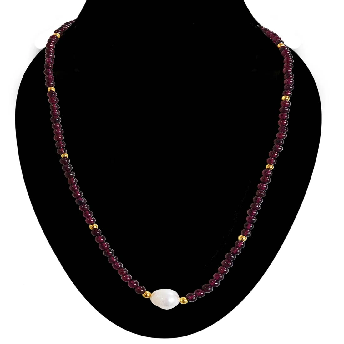 Single Line Garnet Necklace with Pearl Centre and Gold Beads (SN1000)