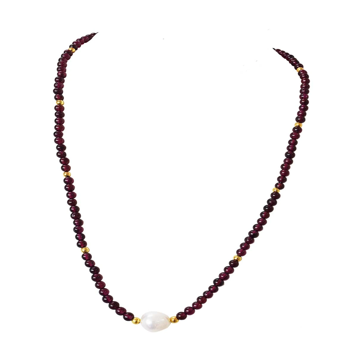 Single Line Garnet Necklace with Pearl Centre and Gold Beads (SN1000)