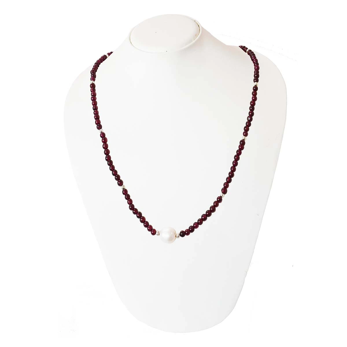 Single Line Garnet Necklace with Pearl Centre and Silver Beads (SN1001)