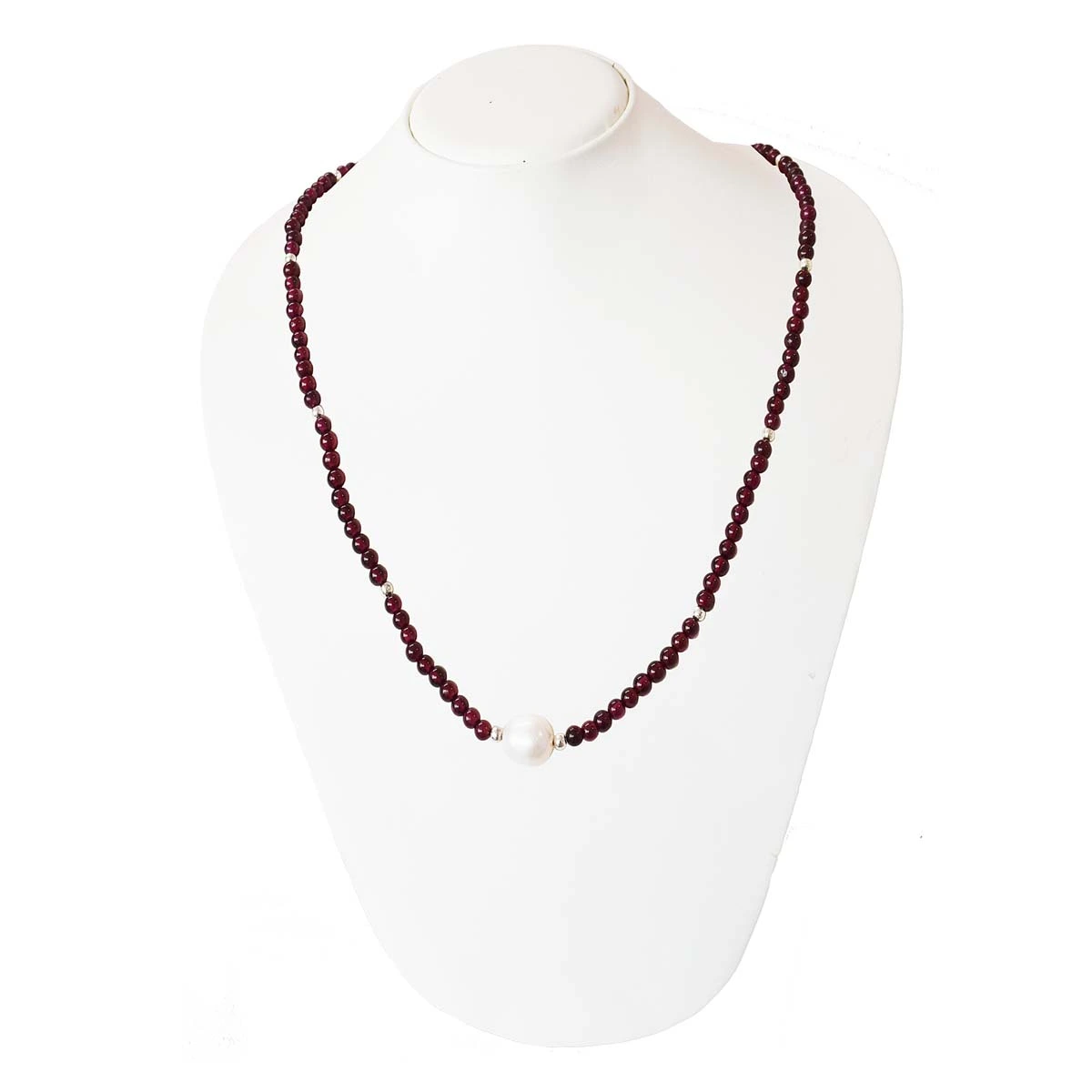 Single Line Garnet Necklace with Pearl Centre & Silver Beads | Elegant & Timeless Jewelry (SN1001)