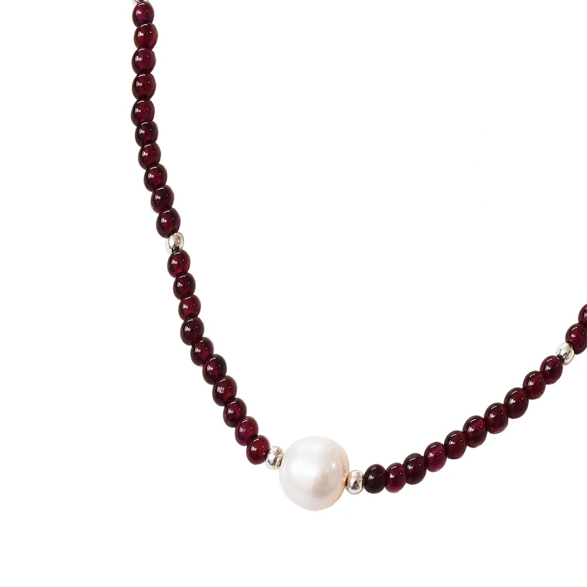 Single Line Garnet Necklace with Pearl Centre & Silver Beads | Elegant & Timeless Jewelry (SN1001)